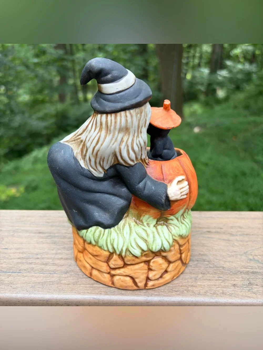 Vintage Ceramic Halloween Witch Jack-O-Lantern Black Cat Music Box Working